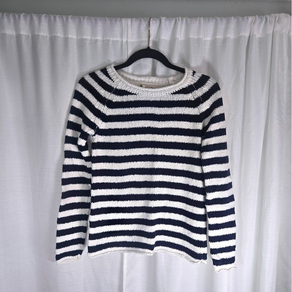Striped Cotton Akini Sweater Womens‎ Small Navy Blue White Crew Neck Knitwear